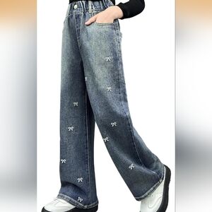 Girl's Blue Jeans with Bow Embroidery